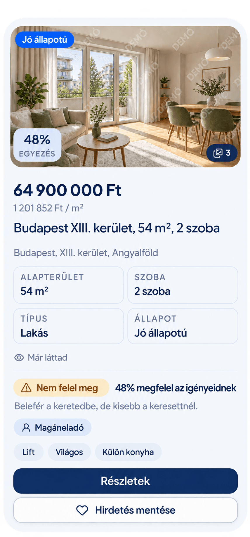 Mintakártya egy 48%-os egyezésű budapesti ingatlanról, ahol látszik az ár, az alapterület, a szobaszám, az állapot és az illeszkedés indoka.
