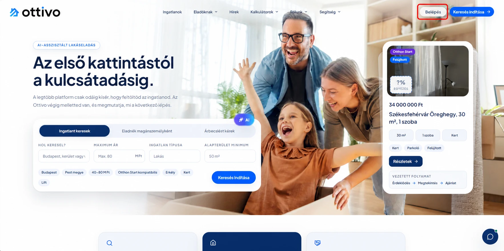 Az Ottivo kezdőoldala, a jobb felső sarokban a Belépés gomb kiemelve.