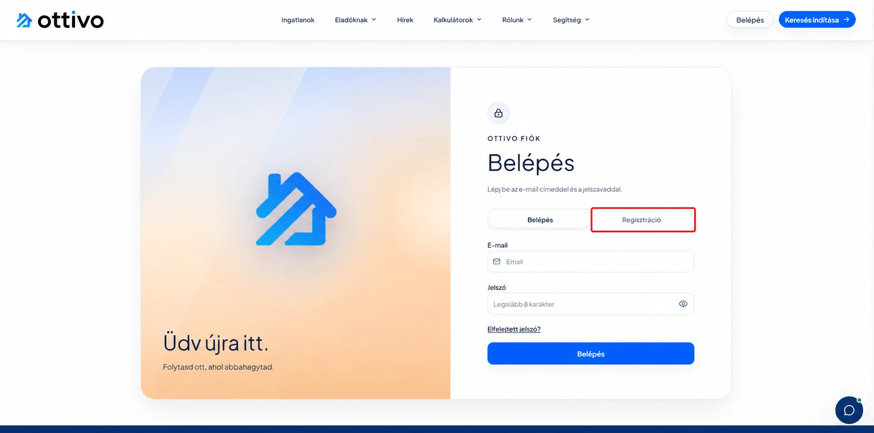 Az Ottivo belépési oldala, a Regisztráció fül kiemelve.