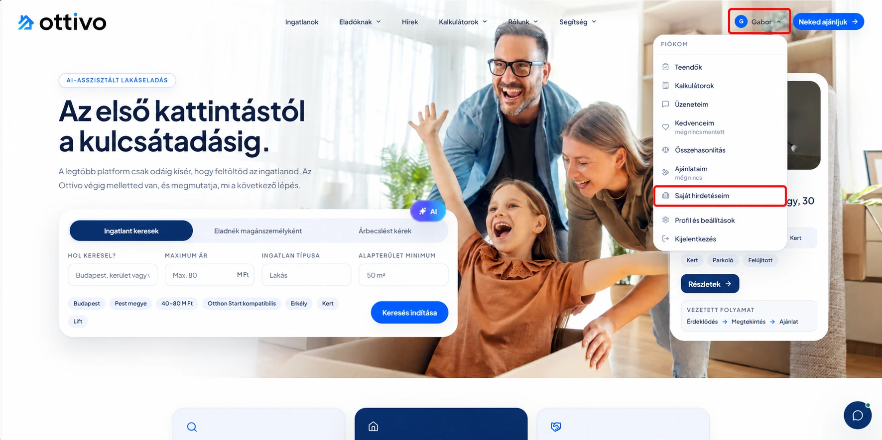A megnyílt fiókmenü, benne a Saját hirdetéseim menüpont kiemelve.