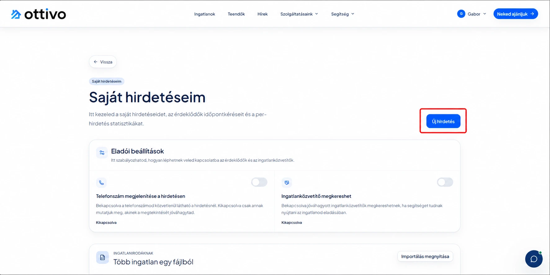 A Saját hirdetéseim oldal, a jobb oldalon az Új hirdetés gomb kiemelve.